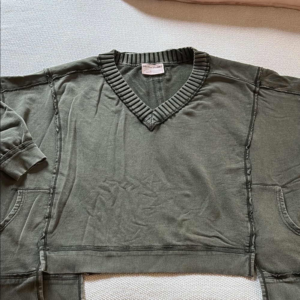 Free People Olive Green V-Neck Sweatshirt
